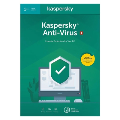 Embalagem do software Kaspersky Anti-Virus verde com escudo branco e texto informativo.