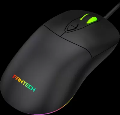 Rato de computador preto FANTECH com luzes LED verdes e cabo ligado