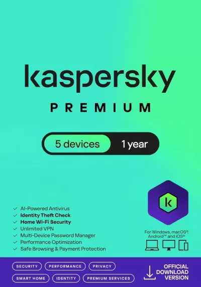Imagem do produto Kaspersky Premium para 5 dispositivos durante 1 ano com funcionalidades descritas