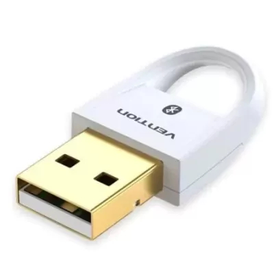 Adaptador USB branco com conector dourado e texto Vention