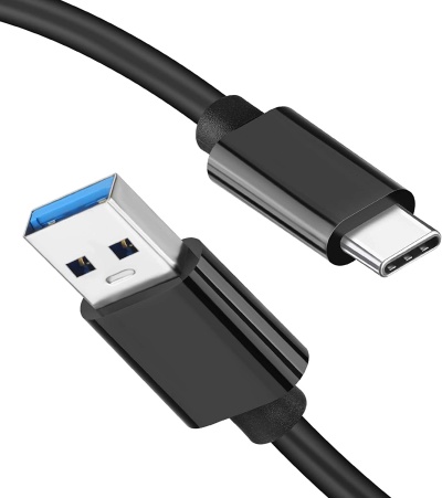 Cabo preto com conectores USB tipo A azul e USB tipo C prata