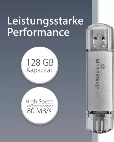 Pen USB MediaRange com 128 GB e texto sobre desempenho em alemão