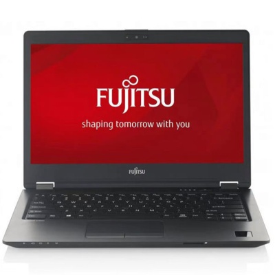 Portátil Fujitsu aberto com ecrã vermelho e teclado preto