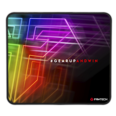 Tapete para rato com padrão geométrico colorido e texto #GEARUPANDWIN