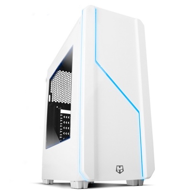 Computador em caixa torre branca com janela lateral e luzes LED azuis