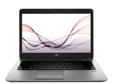 Portátil HP cinza metálico com teclado preto e ecrã com padrão de ondas coloridas