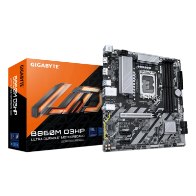 Motherboard GIGABYTE B860M D3HP com caixa laranja e preta