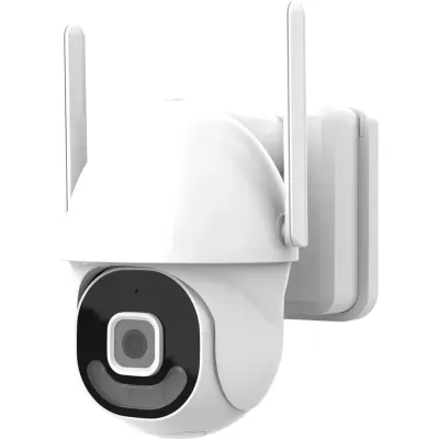 Câmara de segurança branca com antenas verticais e lente quadrada preta