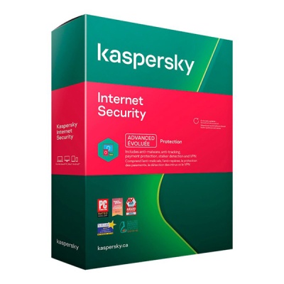 Embalagem do software Kaspersky Internet Security verde e vermelha com texto e selos.
