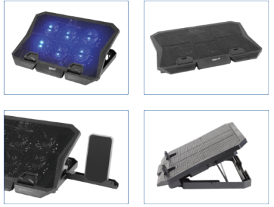 Suporte para portátil preto com ventoinhas azuis e suporte para telemóvel