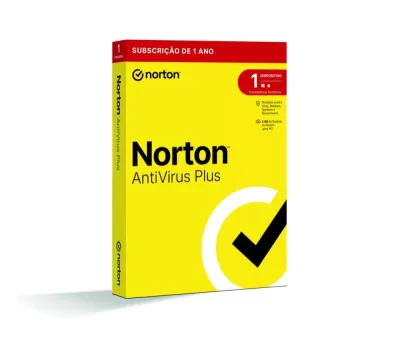 Caixa amarela do Norton AntiVirus Plus com texto vermelho e preto