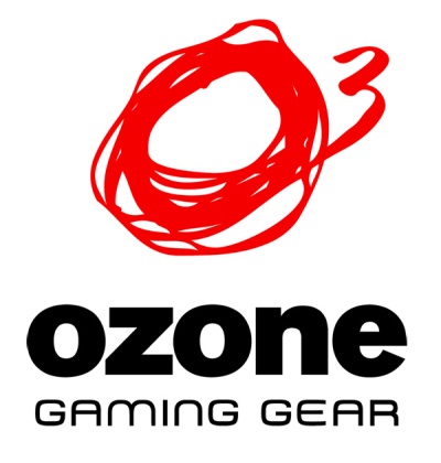 Logótipo Ozone Gaming Gear com símbolo vermelho e texto preto