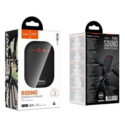 Embalagem de coluna Bluetooth portátil hoco HC35 preta com padrão tecido e texto RIDING PORTABLE BT SPEAKER