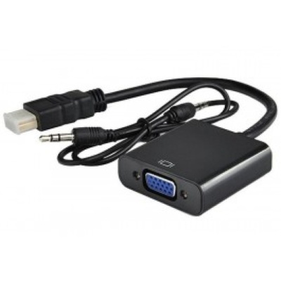 Adaptador preto com USB, jack 3.5 mm e porta VGA azul
