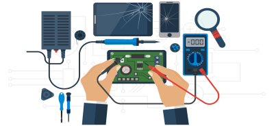 Mãos testando circuito eletrónico com equipamento de medição e dispositivos eletrónicos partidos ao fundo