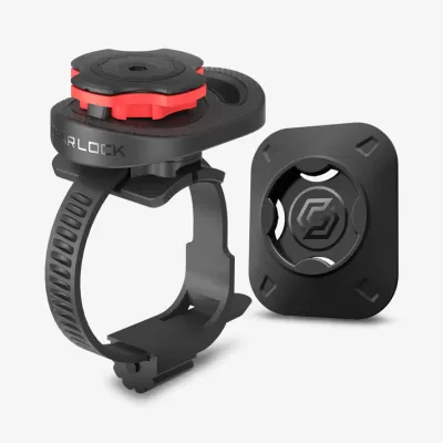 Suporte de bicicleta BEARLOCK em plástico preto com ajuste de correia e detalhe vermelho.