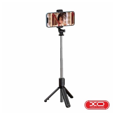 Suporte de telemóvel preto com tripé extensível e telemóvel em horizontal