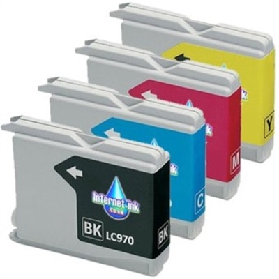 Conjunto de tinteiros de impressora em várias cores com etiquetas coloridas e texto