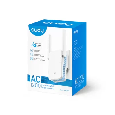 Amplificador Wi-Fi AC1200 branco com duas antenas na caixa azul e branca Cudy