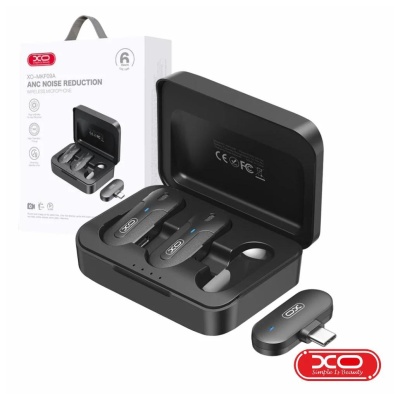 Microfones sem fios e estojo de carregamento XO ANC Noise Reduction com embalagem.