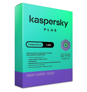 Caixa do software Kaspersky Plus em verde e roxo com texto em espanhol