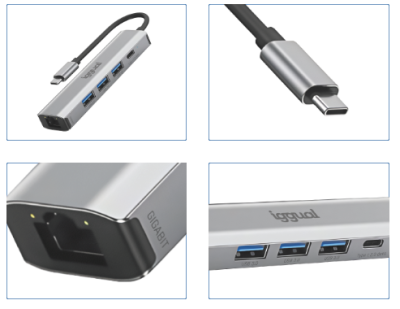 Hub USB cinza com várias portas e cabo USB-C preto