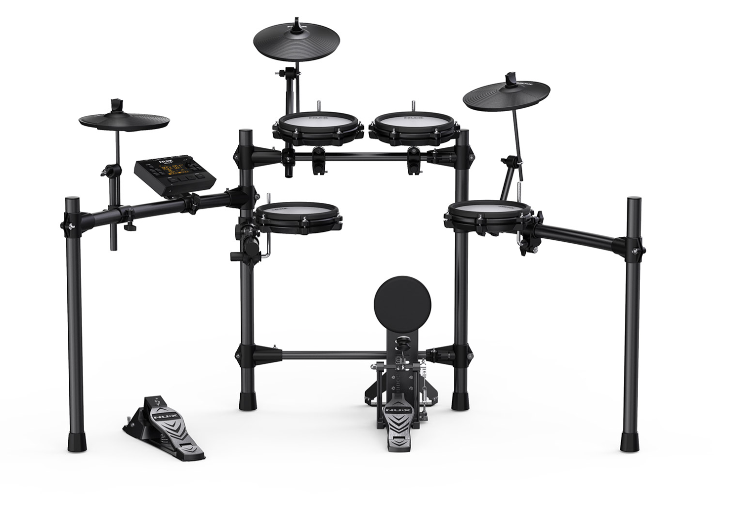 Bateria Digital NUX DM-210 All Mesh Kit de bateria eletrónica com pads, pratos, pedais e módulo de controlo em metal e plástico preto.