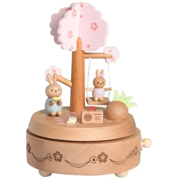 Caixa de Música da Madeira - Cerejeira Caixa de música de madeira com figura de coelhos e árvore rosa