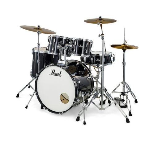 Pearl Roadshow 20" Plus Jet Black Bateria acústica preta com tambores e pratos metálicos dourados