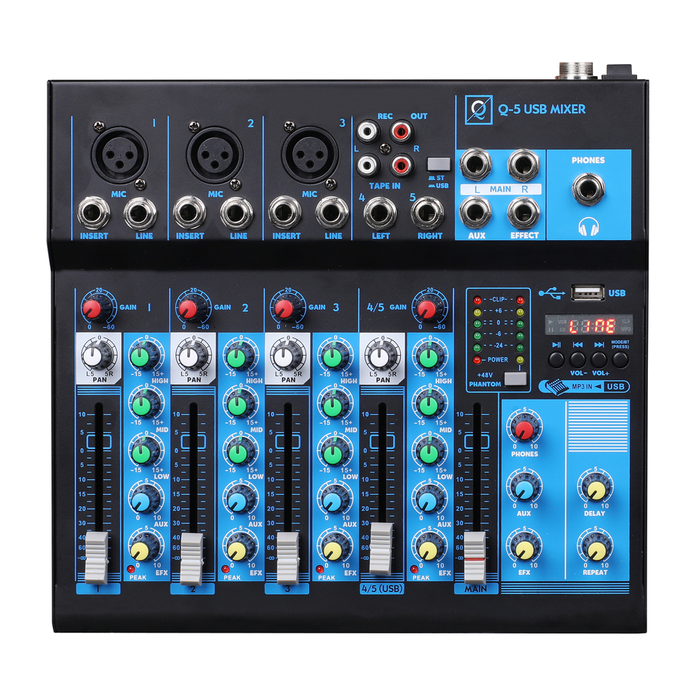 Mesa Oquan MK2 Q5 Mesa de mistura de áudio Q-5 USB MIXER preta e azul com vários botões, entradas e LED indicadores