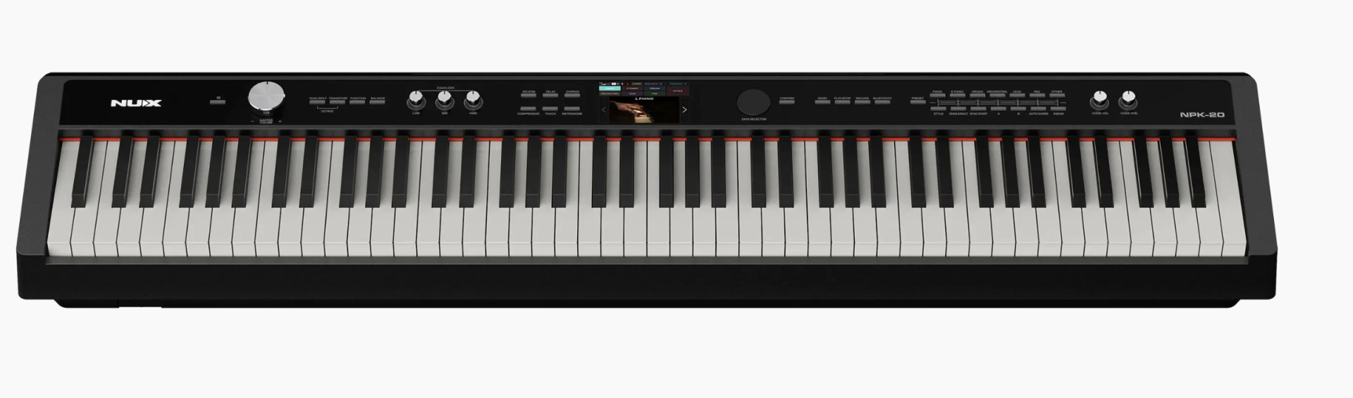 Piano NUX NPK-20 Piano digital negro com 88 teclas e controles visíveis