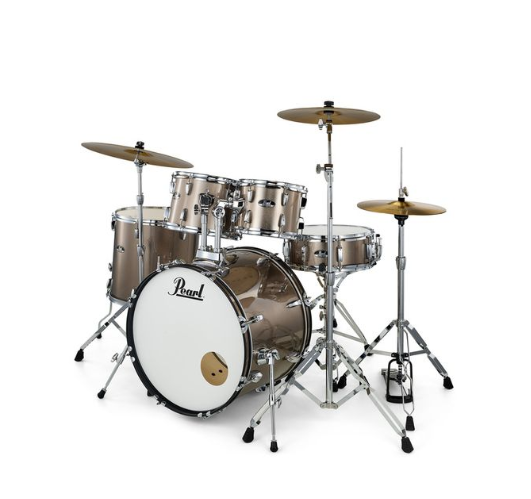 Pearl Roadshow 20" Plus Bronze Met Bateria acústica castanha com tambores, pratos, pedal e logo Pearl.