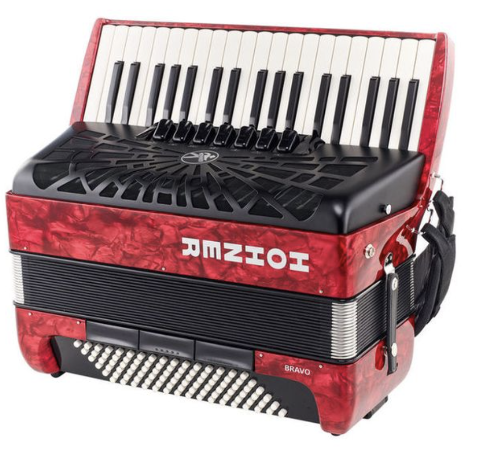 Acordeão Hohner Bravo III 96 Silent Key vermelho Acordeão vermelho marmoreado com teclado e botões