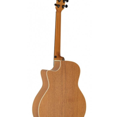 Guitarra acústica de madeira castanha vista de trás