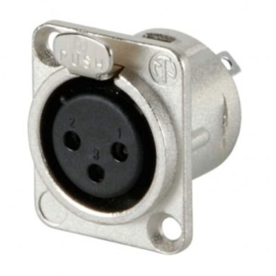 Conector elétrico circular tipo XLR prateado com três pinos e botão PUSH.