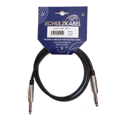 Cabo de áudio Schulzkabel preto com ficha jack de metal em embalagem azul