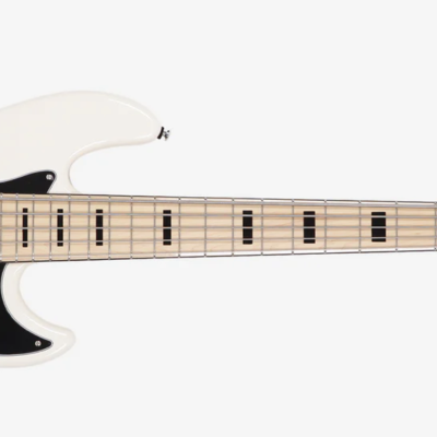 Guitarra elétrica tipo baixo branco com escudo preto e braço claro