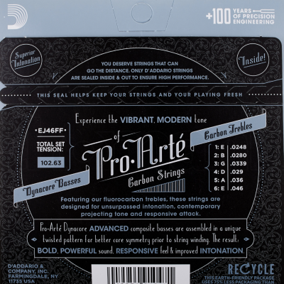 Embalagem preta de cordas de guitarra com texto informativo e gráficos.