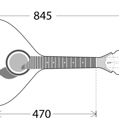 Desenho técnico de guitarra portuguesa com medidas em milímetros
