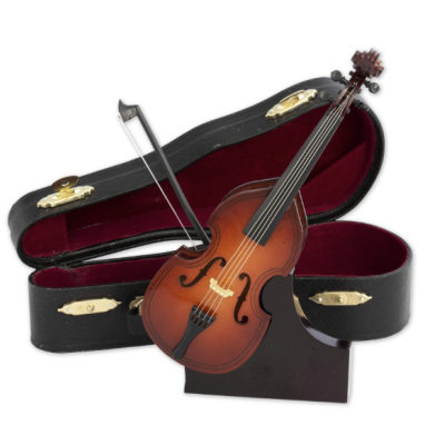 Violino em madeira com arco e estojo preto aberto, interior vermelho