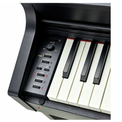 Parte de um piano digital preto com teclas e painel de controlo