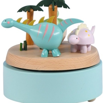 Caixa de música azul com dinossauros e árvore em madeira