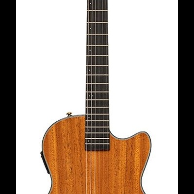 Guitarra acústica de madeira castanha e braço escuro