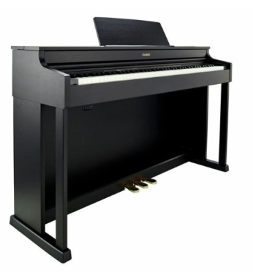 Piano digital CASIO preto com pedais dourados e suporte para partituras