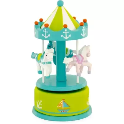 Mini carrossel de madeira colorido com cavalos e desenhos náuticos