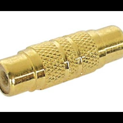 Conector adaptador coaxial dourado com textura e numeração 1 e 2