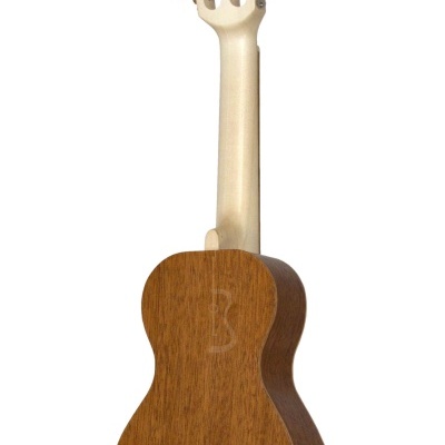 Ukulele com corpo castanho e braço claro visto de costas.