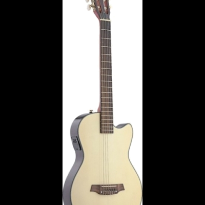 Guitarra acústica de madeira clara com braço escuro e cordas, vista frontal