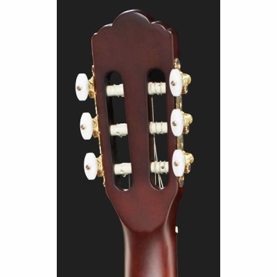 Cabeça de guitarra clássica castanha com cravelhas brancas e douradas