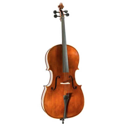 Violoncelo de madeira castanho com cordas pretas